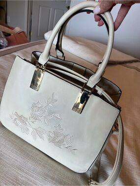 Marc by Andrew Marc Leather Cream Floral Embroidered Tote with Gold Accents